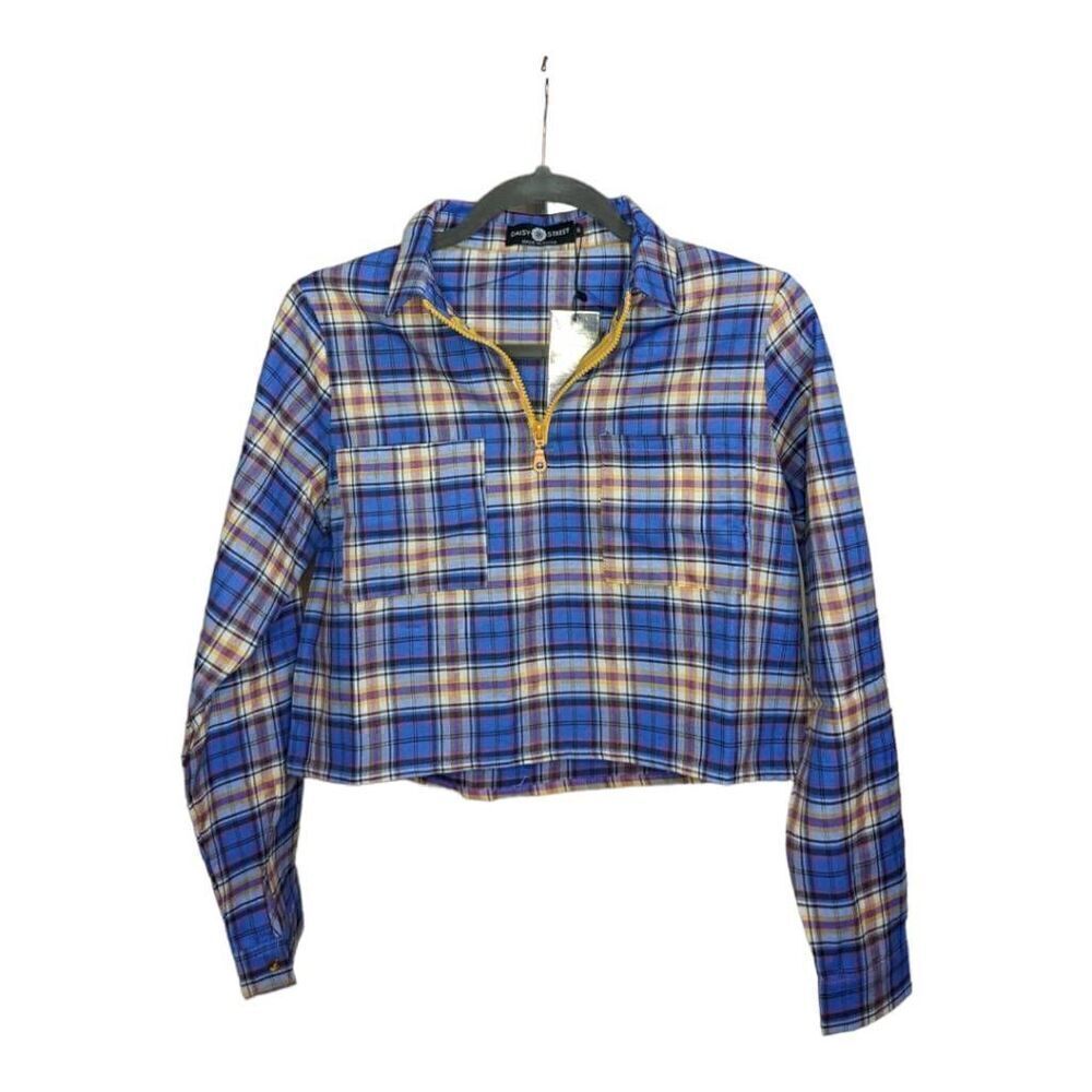 Daisy Street Quarter Zip Long Sleeve Plaid Crop Top New With Tags